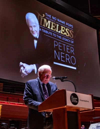 Jim Gardner addresses the audience at the Peter Nero Tribute
